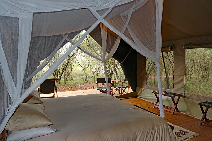View from a canopy bed inside a safari tent opening onto the deck and bush at Kaboso Safari Camp.