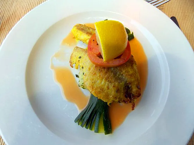 Plated fish fillet with lemon wedge, tomato slice, and vegetables at Kaboso Safari Camp.