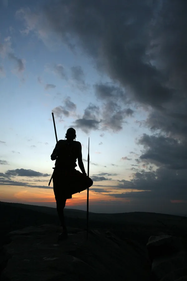 Silhouette of a person standing with spears against a sunset sky.